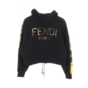 FENDI Logo sweatshirt Hoodie cotton polyester Black Green Used Women size XS