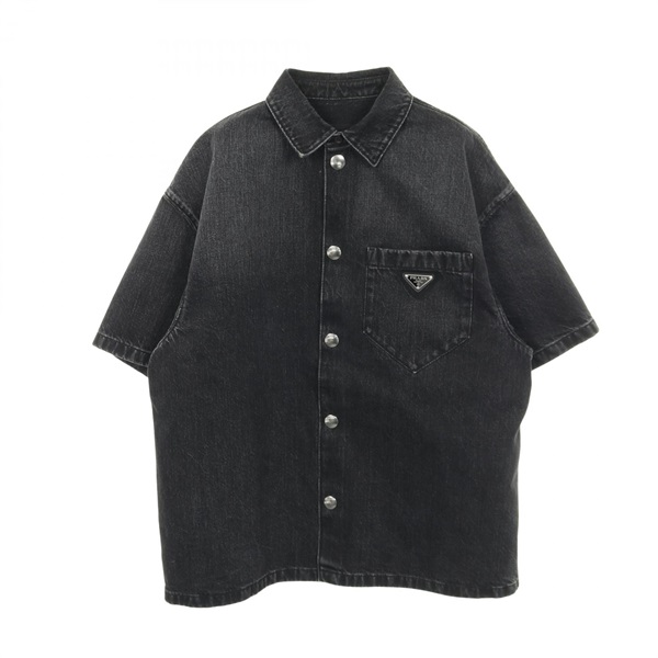 PRADA Triangle logo Short sleeve denim Shirt GEC067 cotton Black Used mens #M