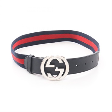 GUCCI Interlocking G Sherry Line belt leather Fabric Navy Red Black Used Women