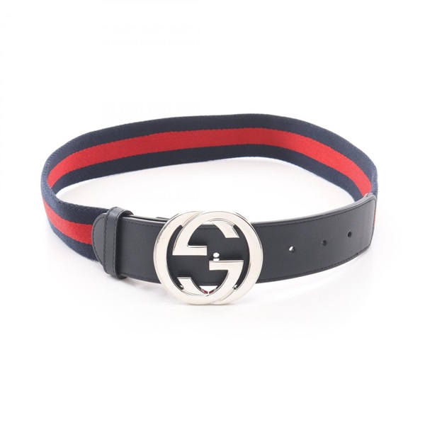 GUCCI Interlocking G Sherry Line belt leather Fabric Navy Red Black Used Women
