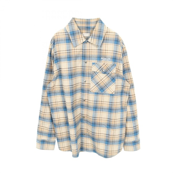 MONCLER check shirt tops #L long sleeves cotton Beige Blue Used mens