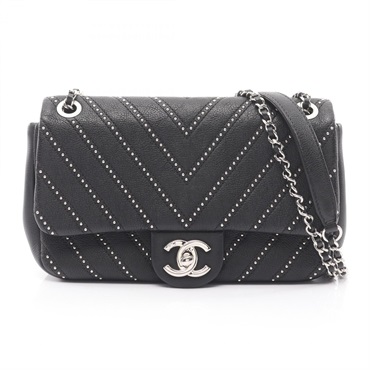 CHANEL V-Stitch Chevron Shoulder Bag Grained calf leather Black Used Women SHW