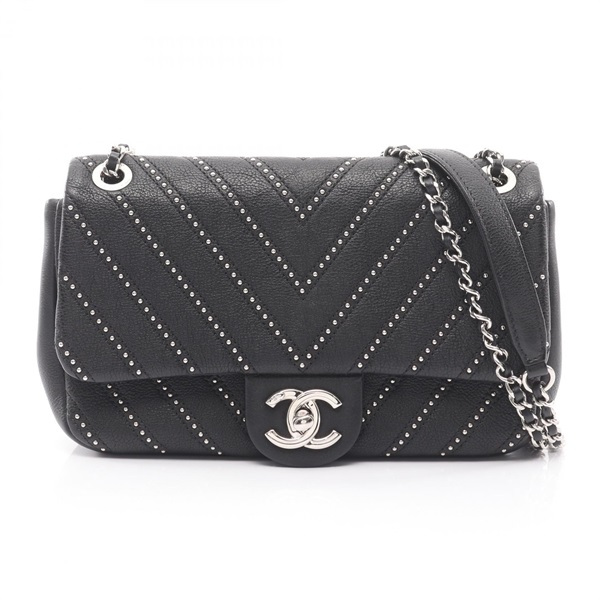 CHANEL V-Stitch Chevron Shoulder Bag Grained calf leather Black Used Women SHW