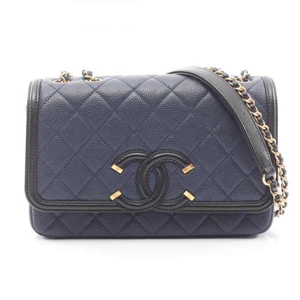 CHANEL CC Filigree Matelasse Shoulder Bag  Leather Navy Black Used GHW CC