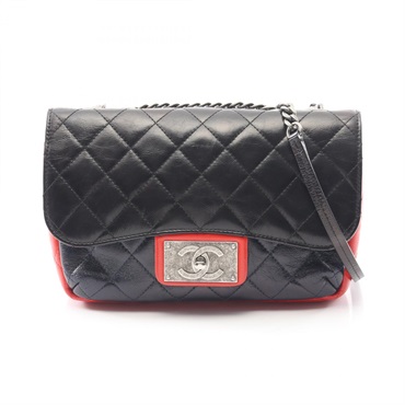 CHANEL Matelasse Tricolor Chain Shoulder Bag leather Black Navy Red Used SHW
