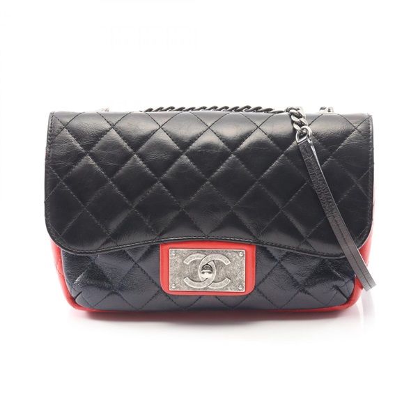 CHANEL Matelasse Tricolor Chain Shoulder Bag leather Black Navy Red Used SHW