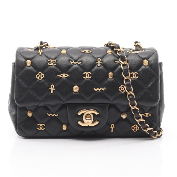 CHANEL Matelasse icon Chain Shoulder crossbody Bag Lamb leather Black Used GHW