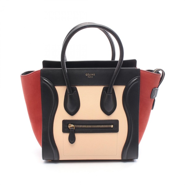 CELINE Luggage micro shopper Tote hand Bag S-GA-4167 leather beige Black red