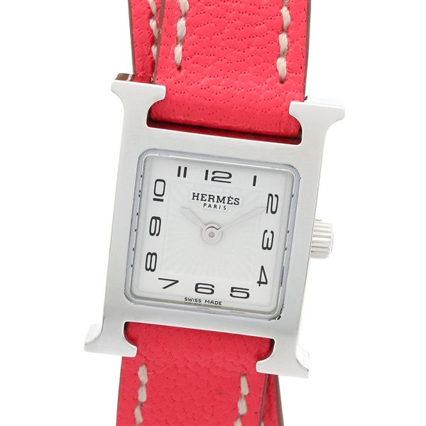 HERMES H Watch Mini Double Tour Wrist Watch HH1.110 Quartz SS Leather Used Women