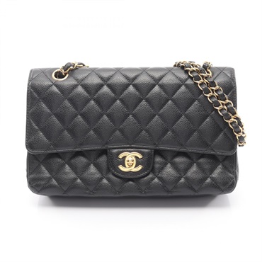 CHANEL Matelasse W flap Chain Shoulder Bag A01112 leather Black Used Women GHW