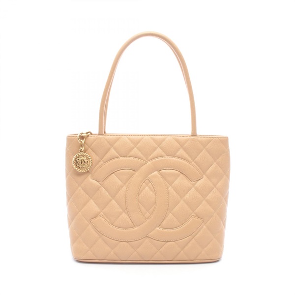 CHANEL Medallion Tote Bag Grained calf leather Beige Used Women GHW CC Coco