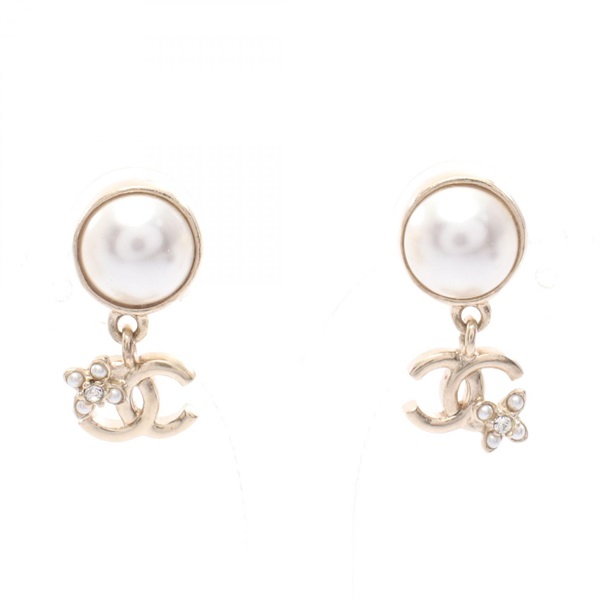 CHANEL COCO Mark Pierced earrings Gold Plated Artificial pearl rhinestone Used