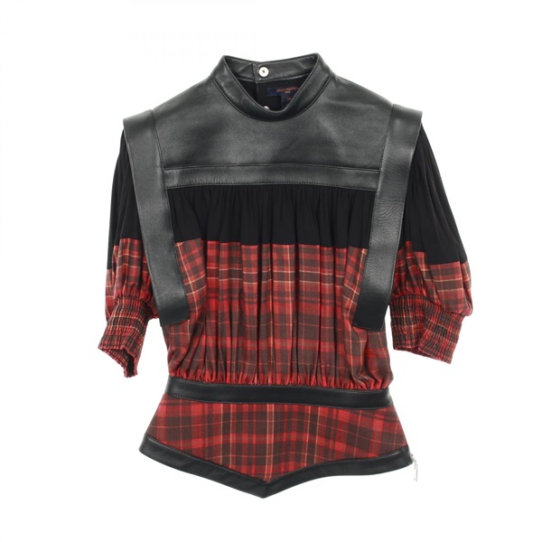 LOUIS VUITTON Checked Blouse Wool Silk Leather Black Bordeaux Used Women size 34