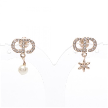Christian Dior CD logo Pierced earrings Gold Plated Rhinestone Clear Used Women