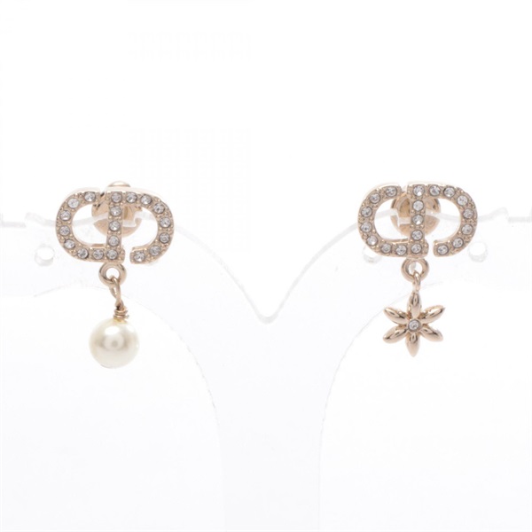 Christian Dior CD logo Pierced earrings Gold Plated Rhinestone Clear Used Women