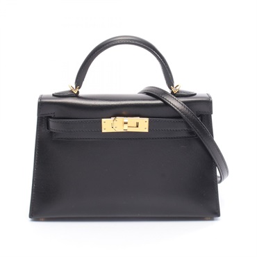 HERMES Mini Kelly 2 Shoulder Handbag Box calf leather Calfskin Black GHW Women W