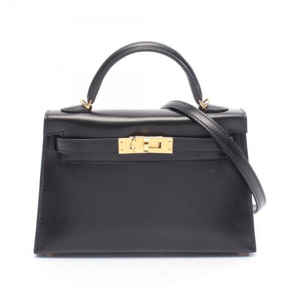 HERMES Mini Kelly 2 Shoulder Handbag Box calf leather Calfskin Black GHW Women W