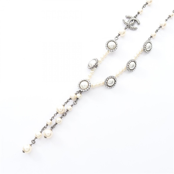 CHANEL COCO Mark Necklace Stainless Steel Artificial pearl Rhinestone Used Women