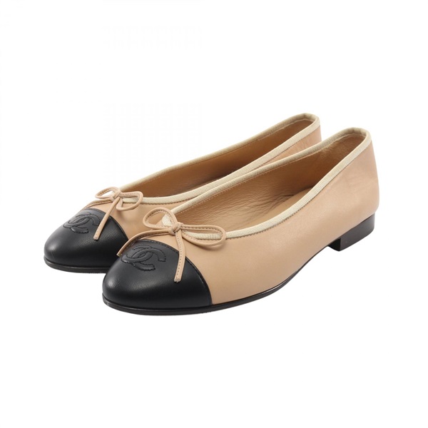 CHANEL BALLERINA Pumps Shoes #36 1/2 leather Beige Black Used Women Coco CC