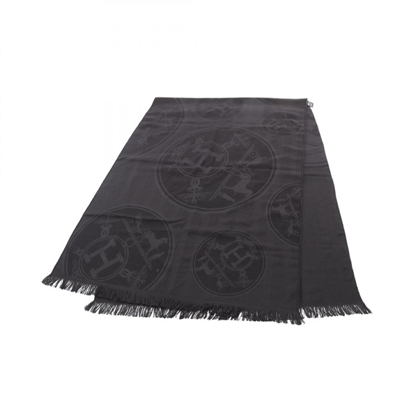 HERMES New Libris Stole scarf wrap echarp silk soie cashmere Black Used Women