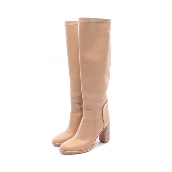 HERMES Long Heel Boots #37 1/2 leather Beige Used Women