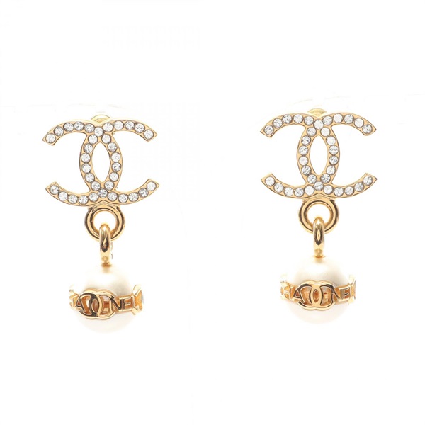 CHANEL COCO Mark Pierced earrings Gold Plated Artificial pearl Rhinestone Women