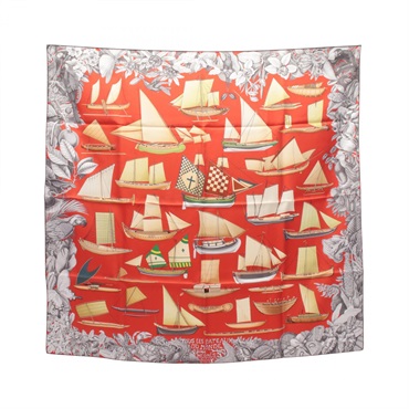 HERMES Carre90 TOUT LES BATEAU DU MONDE Scarf silk Red Multicolor Used Women