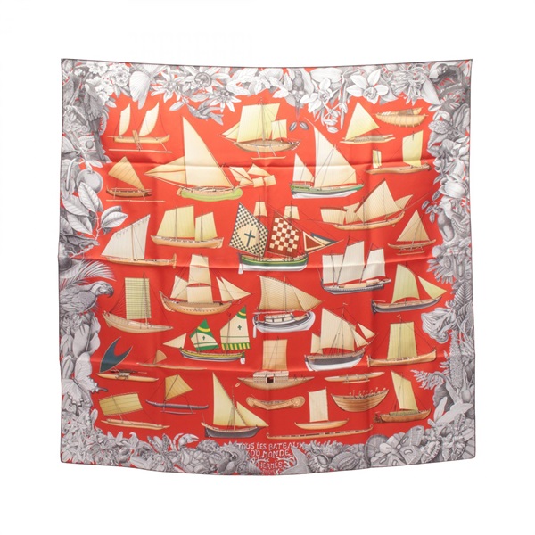 HERMES Carre90 TOUT LES BATEAU DU MONDE Scarf silk Red Multicolor Used Women