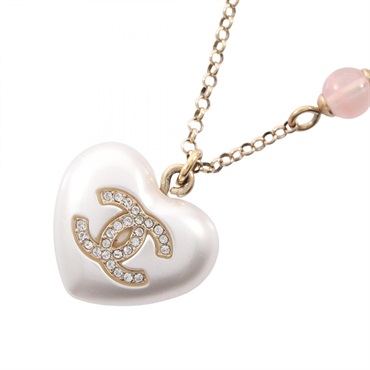 CHANEL COCO Mark Heart Necklace pendant Gold Plated Artificial pearl rhinestone