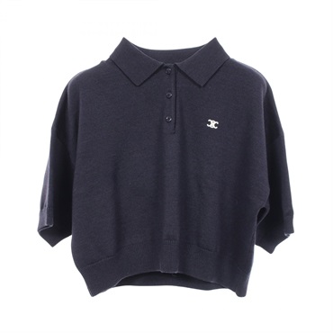 CELINE Triomphe Polo shirt #S short sleeves 2AH22322U wool Navy Used Women