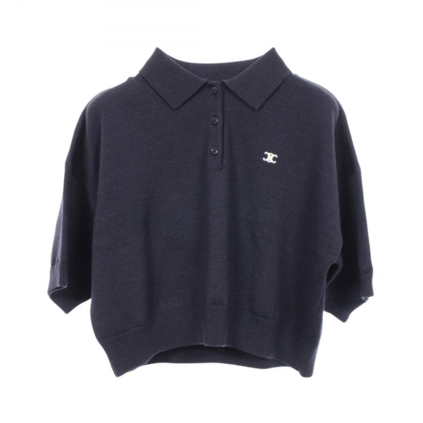 CELINE Triomphe Polo shirt #S short sleeves 2AH22322U wool Navy Used Women
