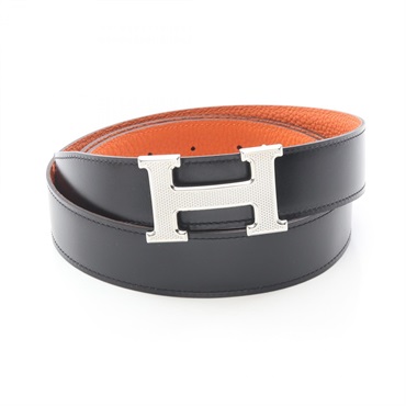 HERMES Constance Guilloche H Belt Box calf Togo leather Black Orange SHW Used R