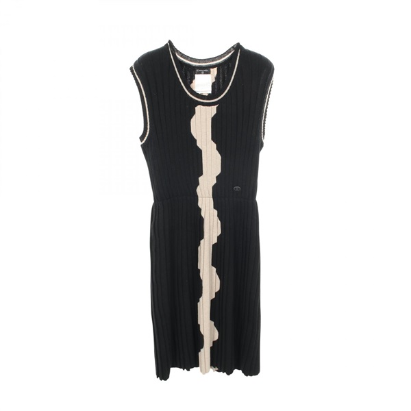 CHANEL COCO Mark Button Sleeveless Dress #36 wool Black Beige Used Women CC