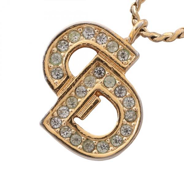 Christian Dior CD Necklace Pendant Gold Plated Rhinestone Used Women 40~45cm