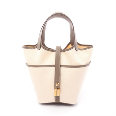 HERMES Picotin Lock PM Cargo Tote Handbag Canvas Swift leather Etoupe Grey GHW K