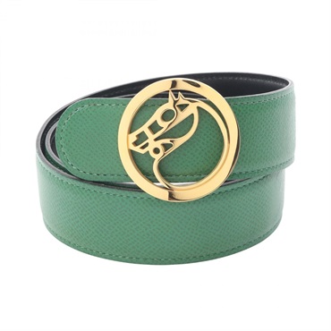 HERMES Cheval Reversible belt Courchevel leather Green Black Used Women Z GHW
