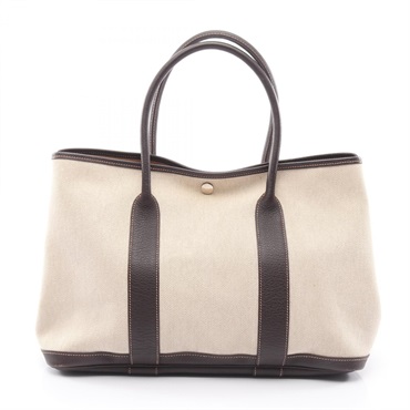 HERMES Garden Party PM Tote Handbag Toile H canvas Buffalo leather Ecru Used H