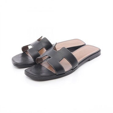 HERMES Oran Flat Mule Sandal Shoes #38 leather Black Used Women