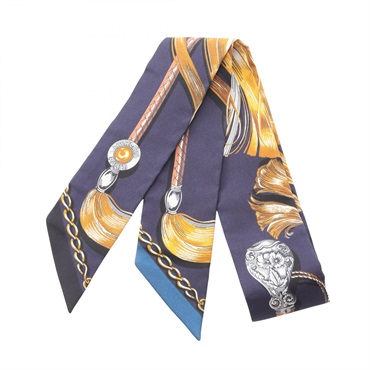 HERMES Twilly Cavalcades Ribbon Scarf silk Navy Gold Multicolor Used Women