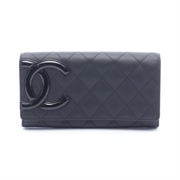 CHANEL Cambon line Bifold Purse Wallet leather Patent leather Black Pink Used