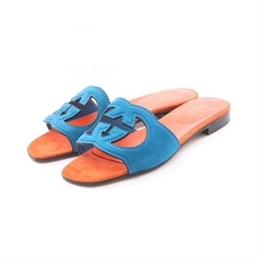 GUCCI Interlocking G Flat Sandals Shoes #35 Suede Blue Orange Women GG