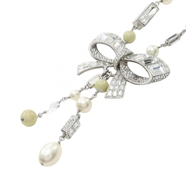 CHANEL COCO Mark Ribbon Necklace SS Artificial pearl Crystal Rhinestone Women CC