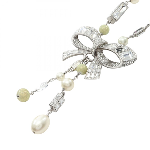 CHANEL COCO Mark Ribbon Necklace SS Artificial pearl Crystal Rhinestone Women CC