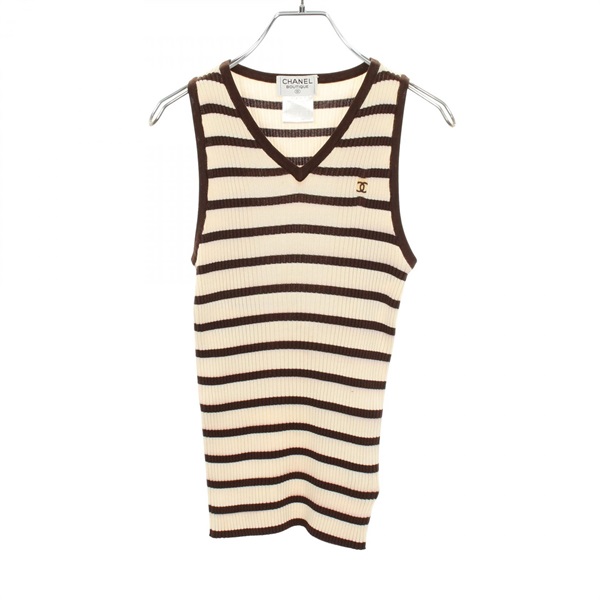 CHANEL COCO Mark Rib Sleeveless Knitwear Stripe Tank top #44 cotton White Used