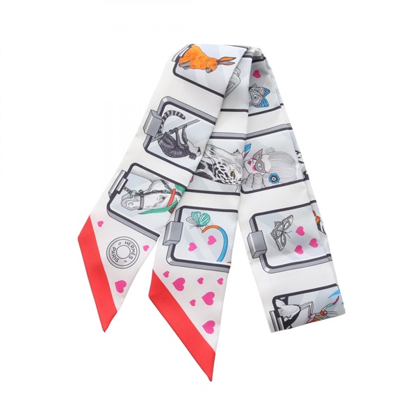 HERMES Twilly HERMES STORY Ribbon Scarf Stole Wrap silk White Multicolor Women
