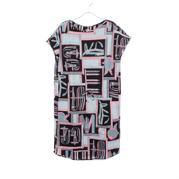 HERMES LETTRES EQUESTRES Short Sleeve Dress #34 cotton Black Blue Pink Used