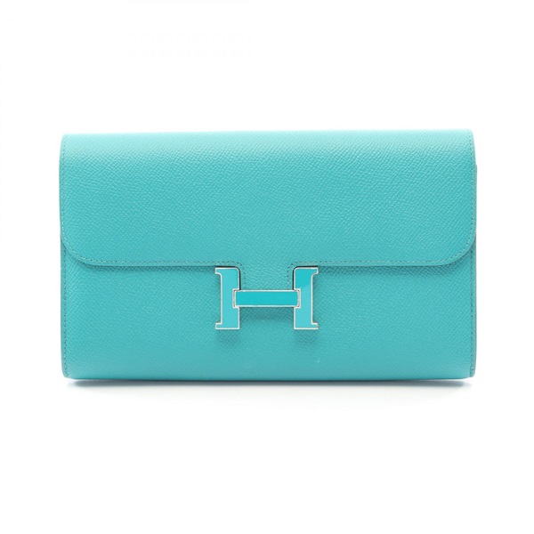 HERMES Constance Long Bifold Purse Wallet Epsom leather Blue paon SHW Used X