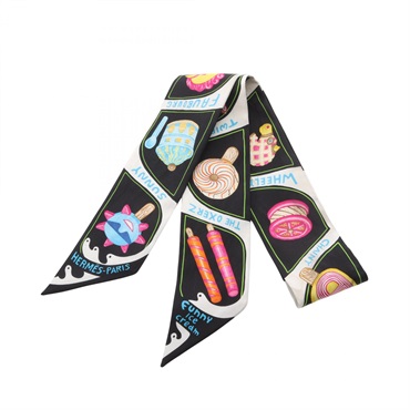 HERMES Twilly Funny Ice Cream Ribbon Scarf Wrap silk Black Multicolor Used Women