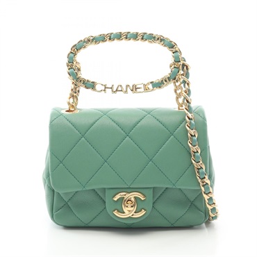 CHANEL Mini Matelasse Oval Logo Top Handle Crossbody Shoulder Bag leather Green
