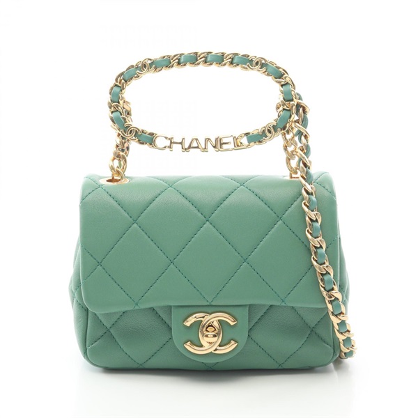CHANEL Mini Matelasse Oval Logo Top Handle Crossbody Shoulder Bag leather Green